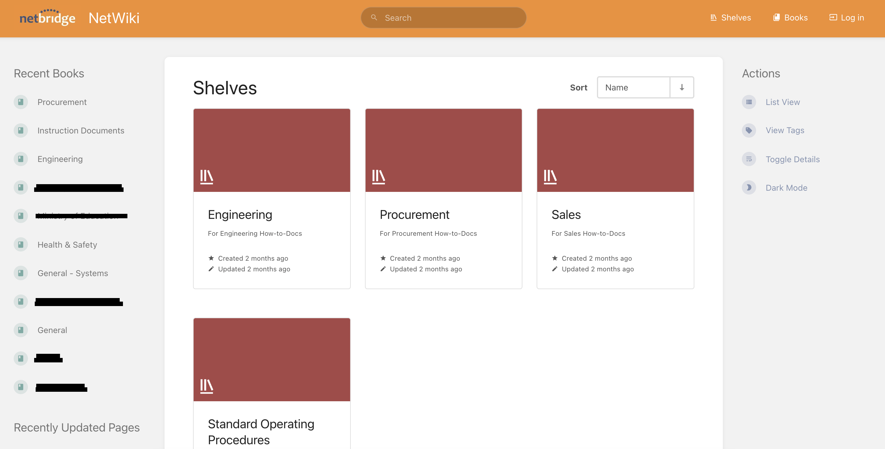 BookStack wiki showing shelf and book hierarchy