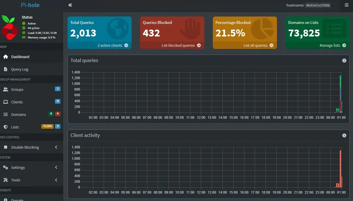 Pi-hole admin dashboard showing DNS statistics